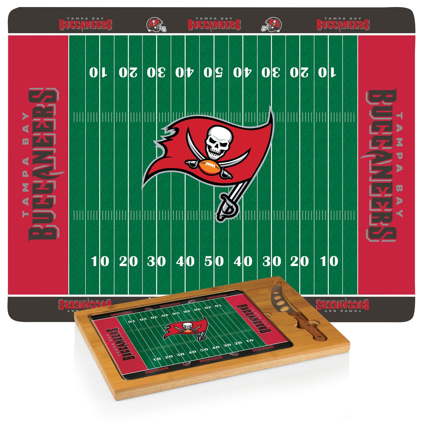 Tampa Bay Buccaneers - Football Field - Icon Glass Top Cutting Board & Knife Set, (Parawood & Bamboo)