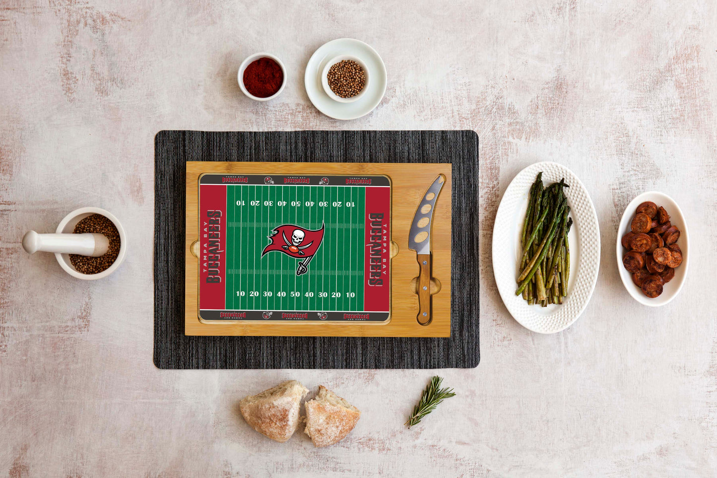 Tampa Bay Buccaneers - Football Field - Icon Glass Top Cutting Board & Knife Set, (Parawood & Bamboo)