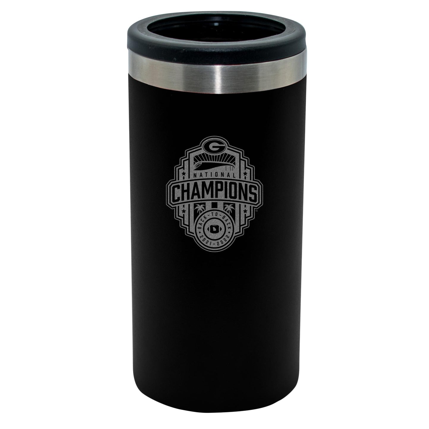 12oz Black Etched Stainless Steel Slim Can Holder | 2022 National Champion Georgia Bulldogs