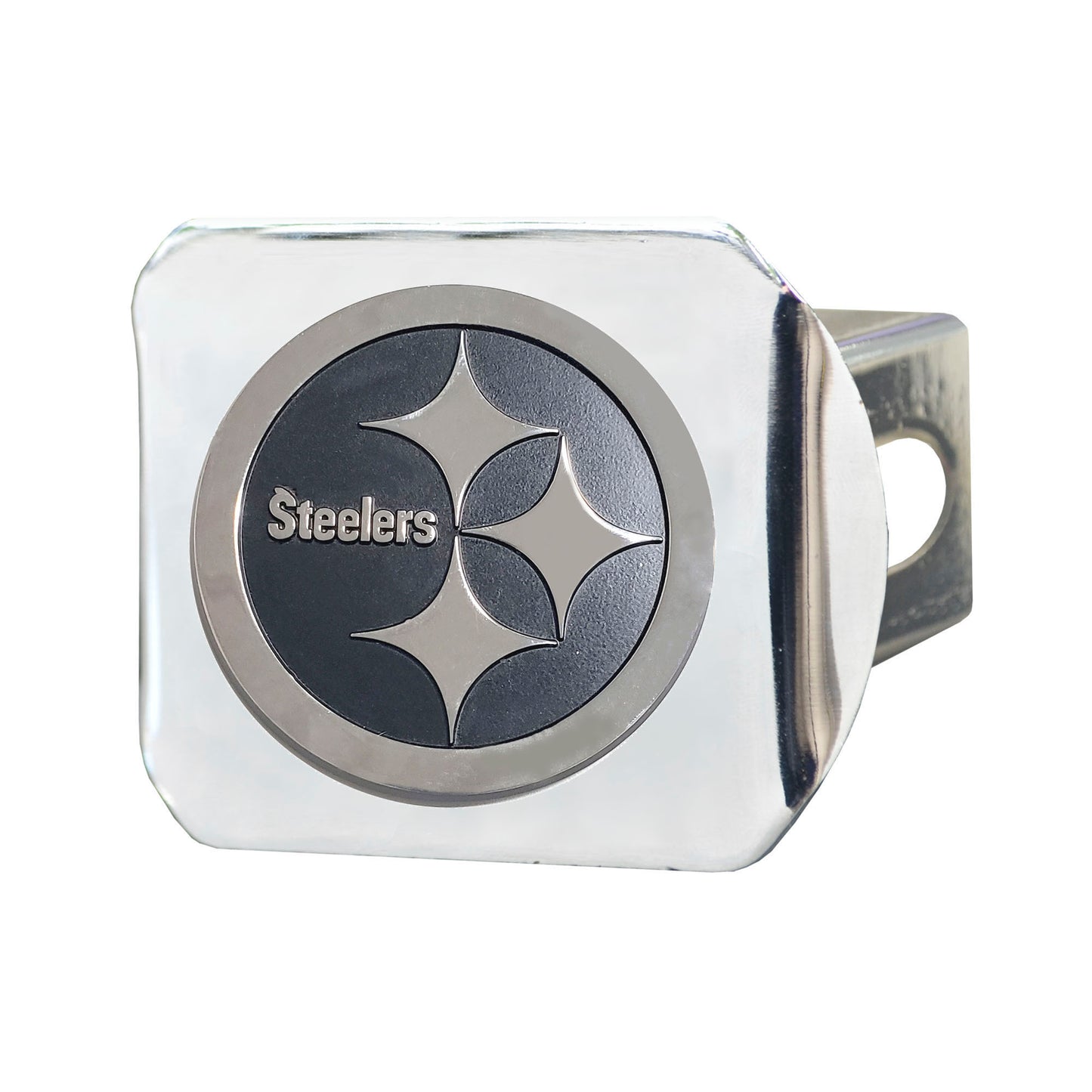 Pittsburgh Steelers Chrome Metal Hitch Cover with Chrome Metal 3D Emblem - Steelers Primary Logo, Black Metal