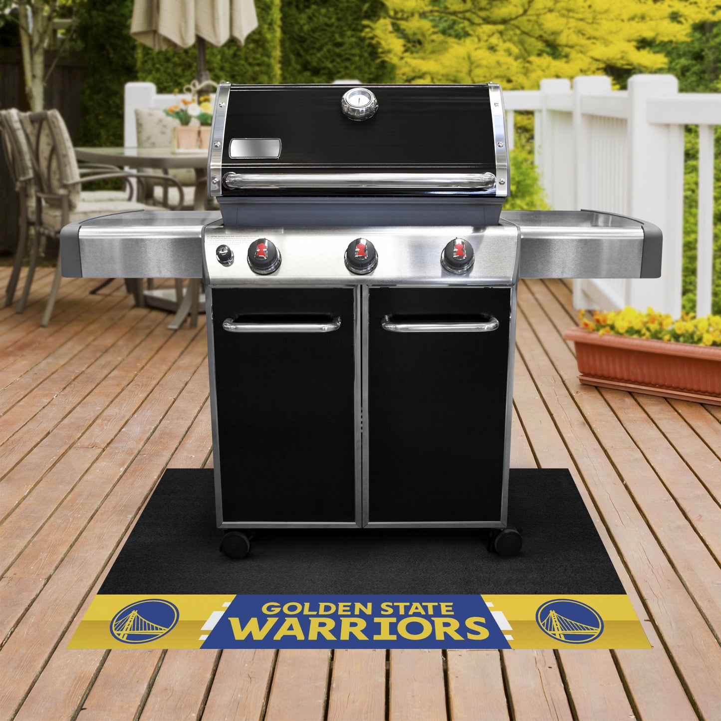 Golden State Warriors Vinyl Grill Mat - 26in. x 42in. - "Circular Golden Gate" Logo & "Golden State Warriors" Wordmark