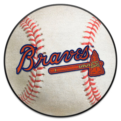 Atlanta Braves Baseball Rug - 27in. Diameter - White, "Braves Script with Tomahawk" Logo