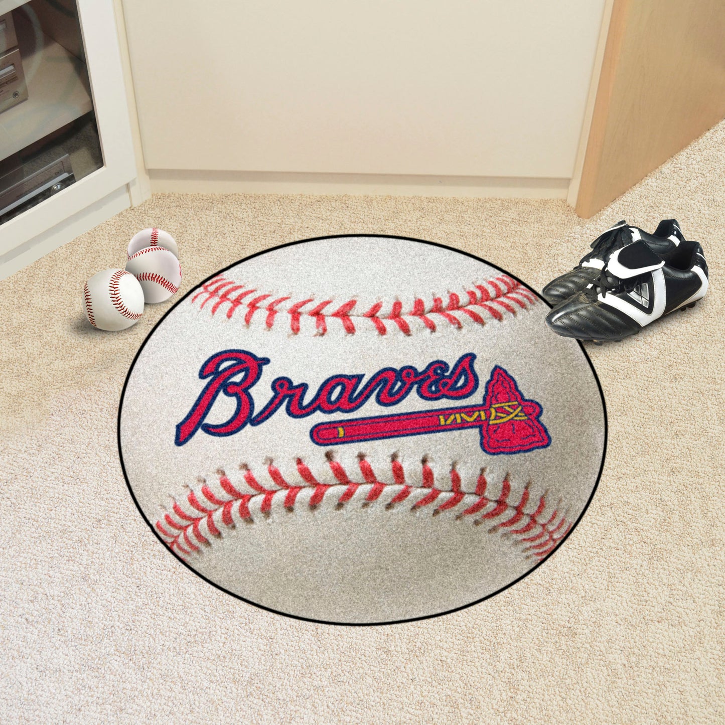 Atlanta Braves Baseball Rug - 27in. Diameter - White, "Braves Script with Tomahawk" Logo